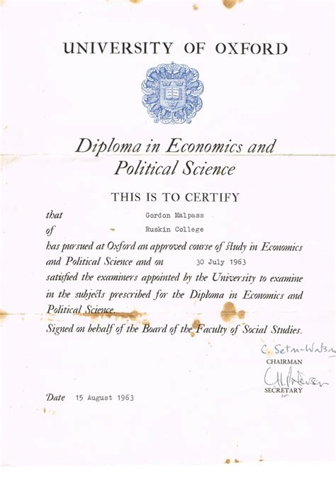 Gordon Malpass Oxford University Diploma 1963 Newruskinarchives