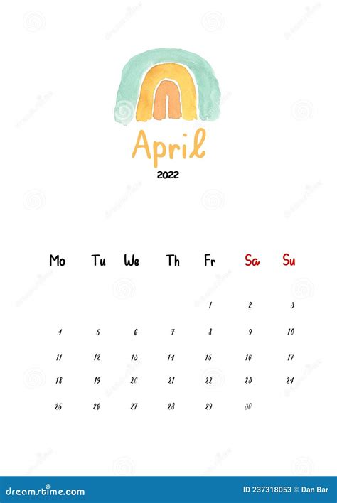 2022 April Month Calendar Template With Minimalistic Design Stock