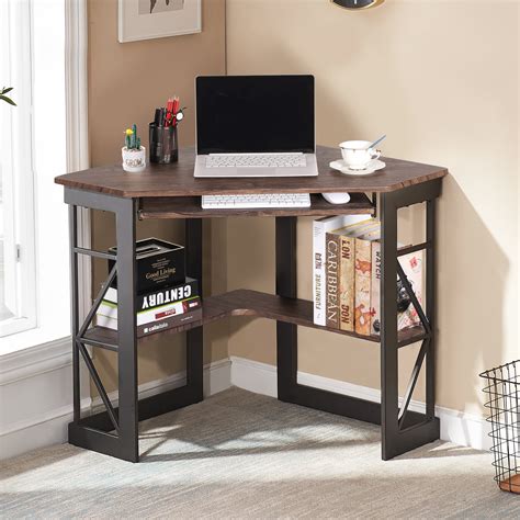 Vecelo Corner Desk With Keyboard Tray And Storage Shelves Corner