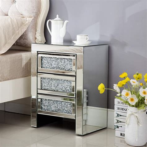 mecor mirrored end table 3 drawers mirror accent side table silver finished nightstand for