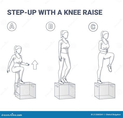 step up with a knee raise exercise for women home workout guidance outline illustration stock