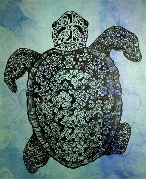 Zentangle Turtle On Watercolor For Rachel S Room Turtle Zentangle