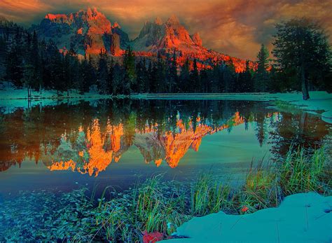 Sunset Nature Landscape Lake Mountains Forest Reflection Snow