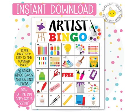 Artist Art Party Printable Bingo Cards 30 Different Cards Etsy Hong