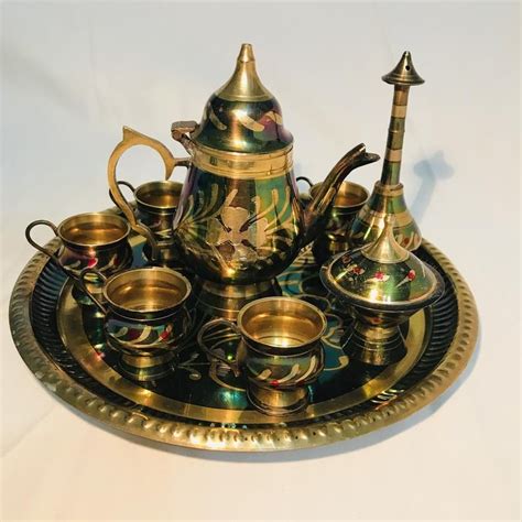 Vintage Brass Pitcher And Goblet Set Brass Tea Set Engraved Brass Shot