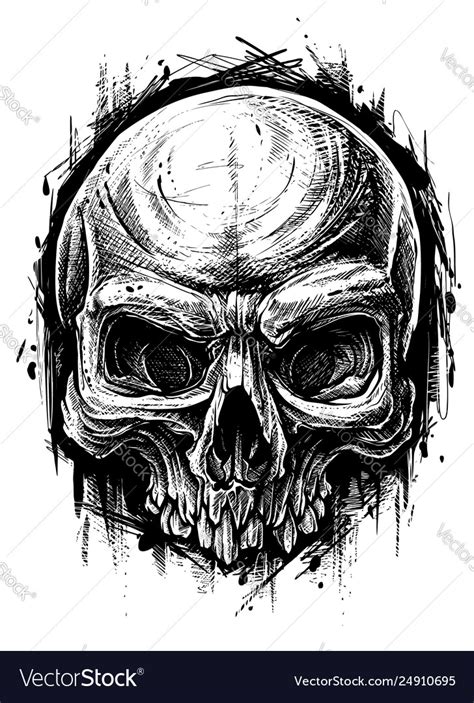 Detailed Graphic Human Skull Trash Polka Line Art Vector Image