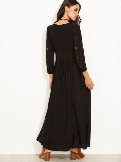 Black Flower Embroidered Long Sleeve Maxi Dress Sheinsheinside