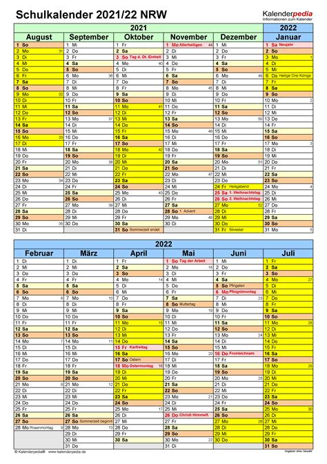 Die kalenderwochen 2021 entsprechen der in europa üblichen berechnungsweise für. Schulkalender 2021/2022 NRW für Excel
