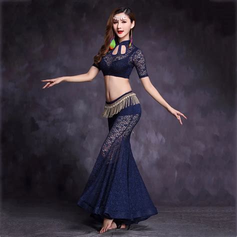 On Sale High Quality Belly Dancing Suit For Ladies Black Lace Backless Fringe Tops With Skirt