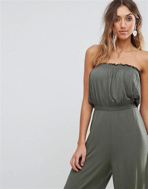 Asos Synthetic Bandeau Jersey Jumpsuit With Wide Leg In Green Lyst