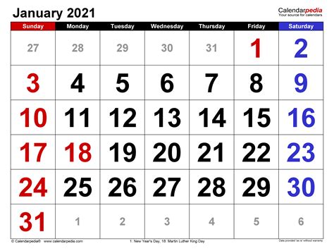 January 2021 Calendar Templates For Word Excel And Pdf