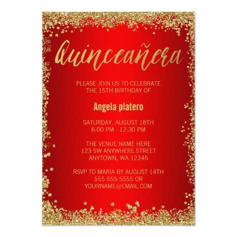 Invitación Cumpleaños De Quinceanera Purpurina Rojo Del Oro Zazzle