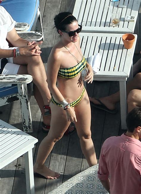 Katy Perry Wearing Yellow Green Strapless Bikini At The