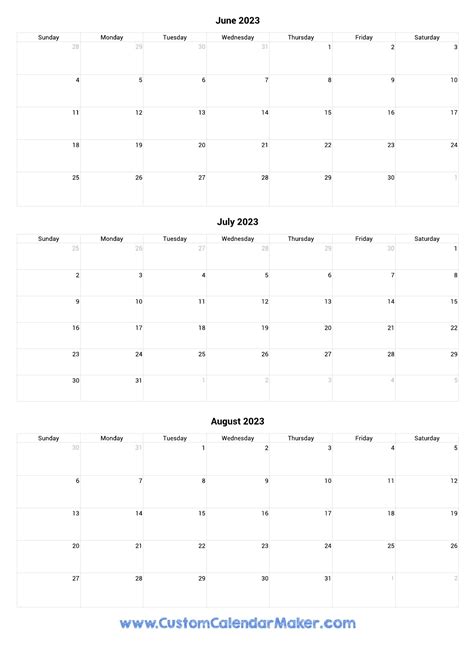 June To August 2023 Calendar Printable
