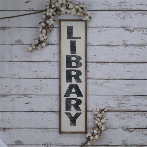 Library Sign Library Decor Wood Library Sign Vertical Etsy