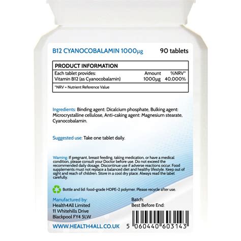 Vitamin B12 Cyanocobalamin 1000mcg Tablets Health4all
