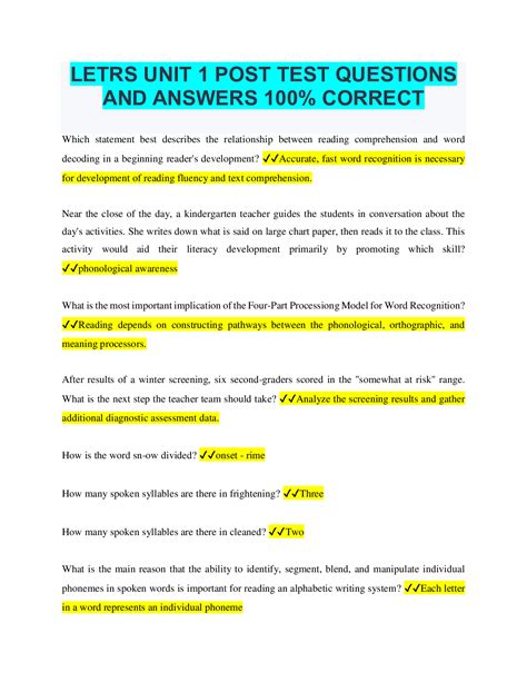 Letrs Unit 1 Post Test Questions And Answers 100 Correct Browsegrades