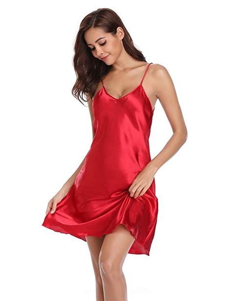 Vlazom Women Negligees Satin Nightdress Spaghetti Strap Chemises Slip V Neck Sleepwear Nightgown