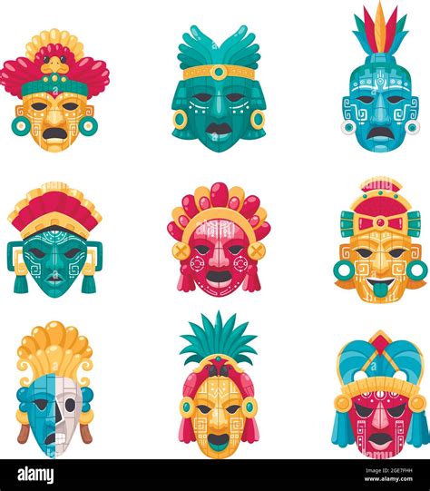 Maya Civilization Cartoon Icons Set With Tradtional Masks And