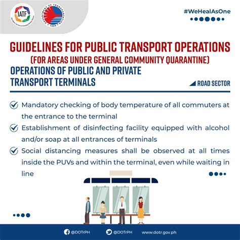 All washrooms and toilets shall have sufficient water, soap as workers are encouraged to wash hands. Summary of DOTr's road-based transportation guidelines (GCQ)