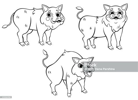 Cute Cartoon Wild Boars Vector Coloring Page Outline Hogs In Different