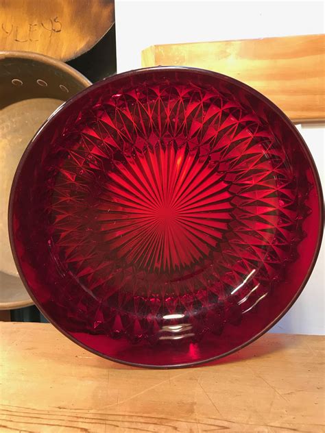 Beautiful Antique Vintage Heavily Decorated Ruby Red Glass Bowl 24cm