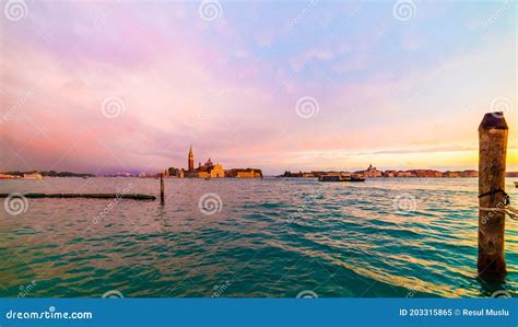 Beautiful Venice Sunset View With City Lights Venice Italy Stock