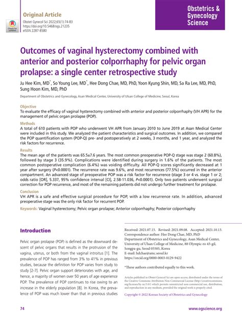Pdf Outcomes Of Vaginal Hysterectomy Combined With Anterior And Posterior Colporrhaphy For