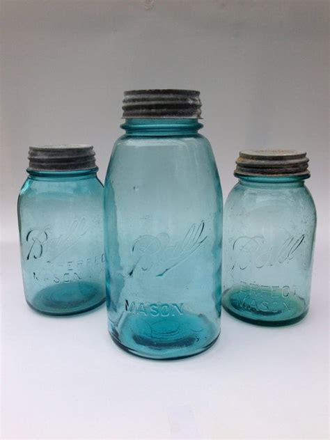 Antique Blue Ball Mason Jar Collection With Original Zinc Lids