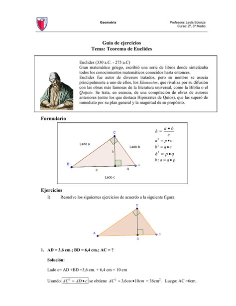 Guía De Ejercicios Tema Teorema De Euclides Formulario Ejercicios