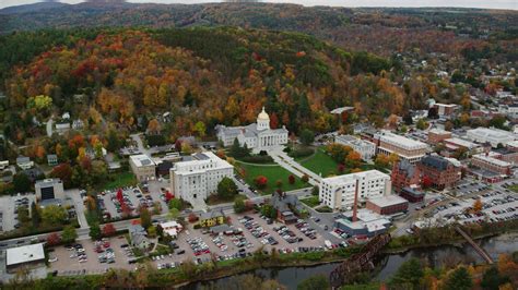 55k Stock Footage Aerial Video Flying By Downtown Vermont State House