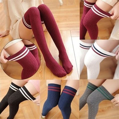 Japanese Style Girl Long Socks Navy Three Stripe Cotton Over Knee Thigh