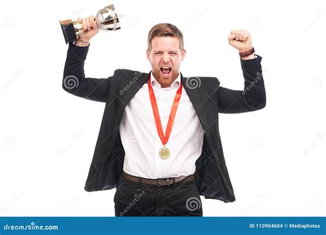 Businessman Holding Trophy Stock Photo Image Of Male 110904604