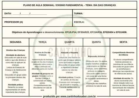 Plano De Aula Semanal Sobre O Dia Das Crian As Da Ensino Fundamental