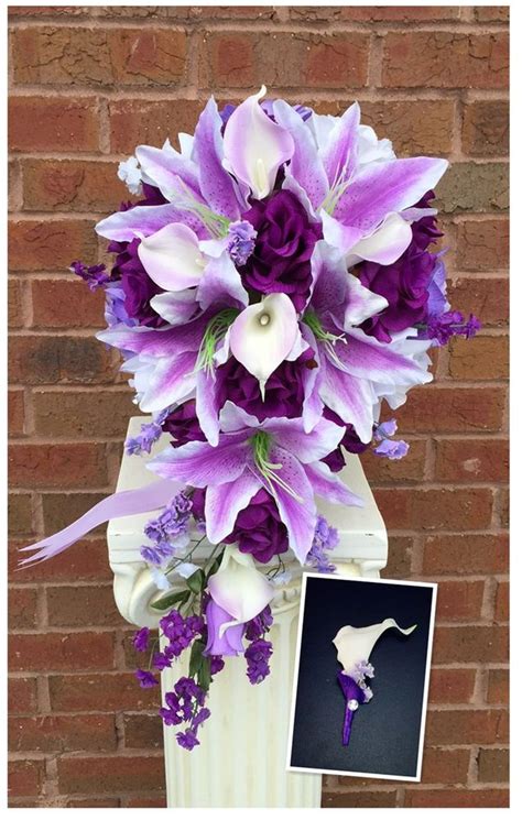 Cascade Bouquet And Boutonniere Purple Lavender White Artificial