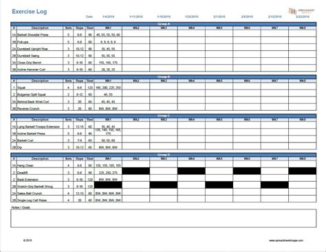 Workout Log Template Spreadsheetshoppe