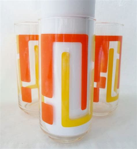 Vintage Set Of Three Funky Mod Orange And Yellow 16 Oz Etsy Vintage Glassware Glassware