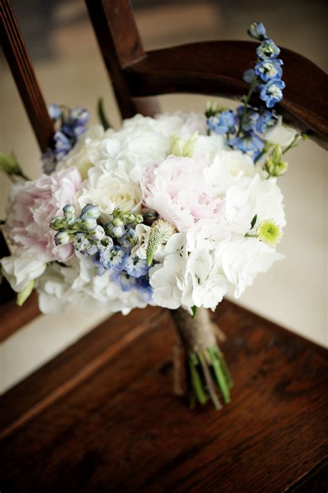 Bridal Bouquet With Blue Delphiniums White Hydrangea And Peonies