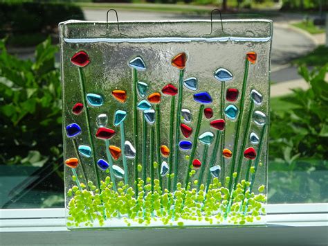 Fused Glass Suncatcher With Flowers Etsy