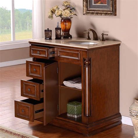 Double sink bathroom vanity cabinets are often mounted one above the other with space left for towels (and bottle traps) between. 36" Modern Single Bathroom Vanity Cherry with Round Sink