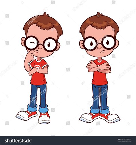 Pensive And Skeptical Boy In Glasses Cartoon Character