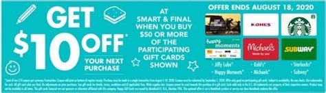 Maybe you would like to learn more about one of these? Smart & Final Promotion: Get $10 Off Next Purchase w/ $50 Select Gift Card Purchase, Get First ...
