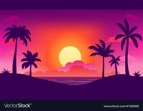 Tropical Palm Trees At Sunset On The Ocean Vector Image