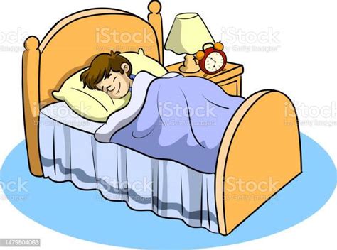 Boy Sleeping In Bed Bedroom With A Window At Night Sweet Dreams Vector