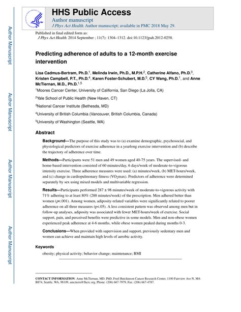 Pdf Predicting Adherence Of Adults To A 12 Month Exercise Intervention