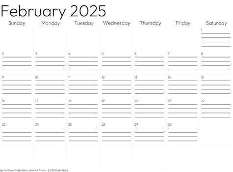 Lined February 2025 Calendar Template In Landscape