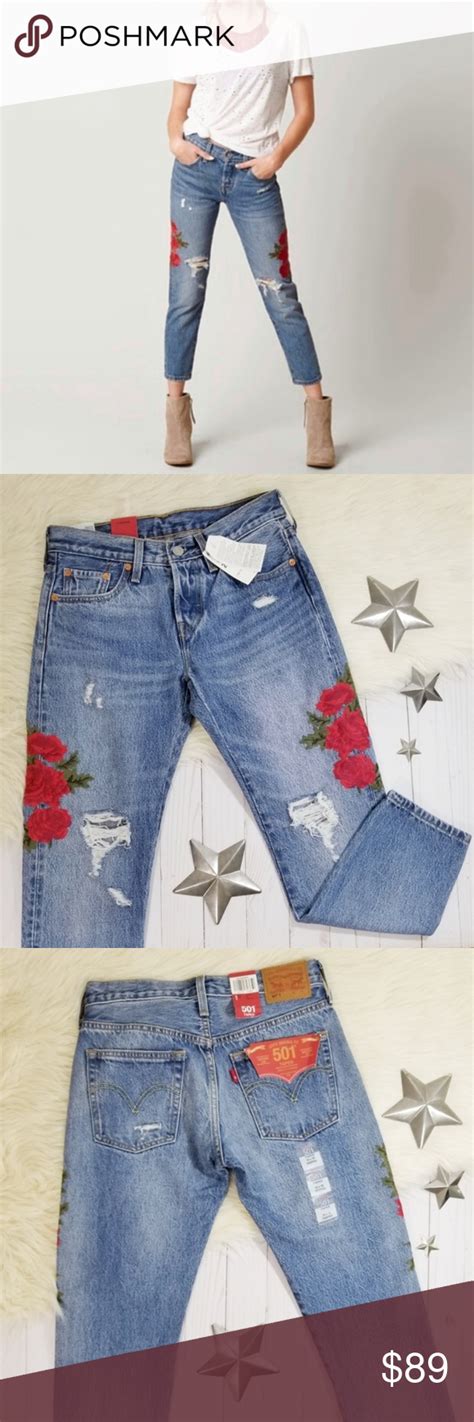 Levis 501 Cropped Jeans Rose Embroidery Button Fly Cropped Jeans