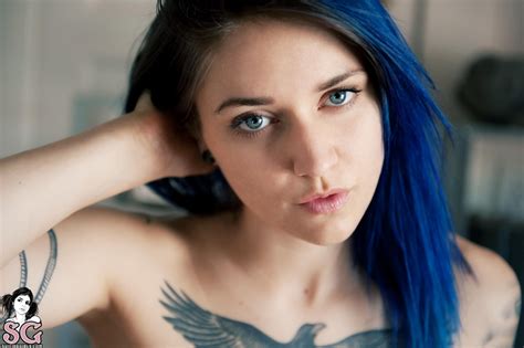 Wallpaper Face Women Long Hair Blue Hair Looking At Viewer Tattoo Black Hair Suicide