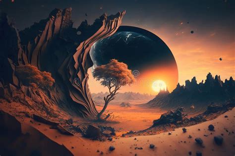 Beautiful Alien Planet Landscape At Sunset Illustration Generated By