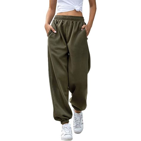 Women Casual Solid Color Sport Pants Elastic Waist Ankle Cuff Loose